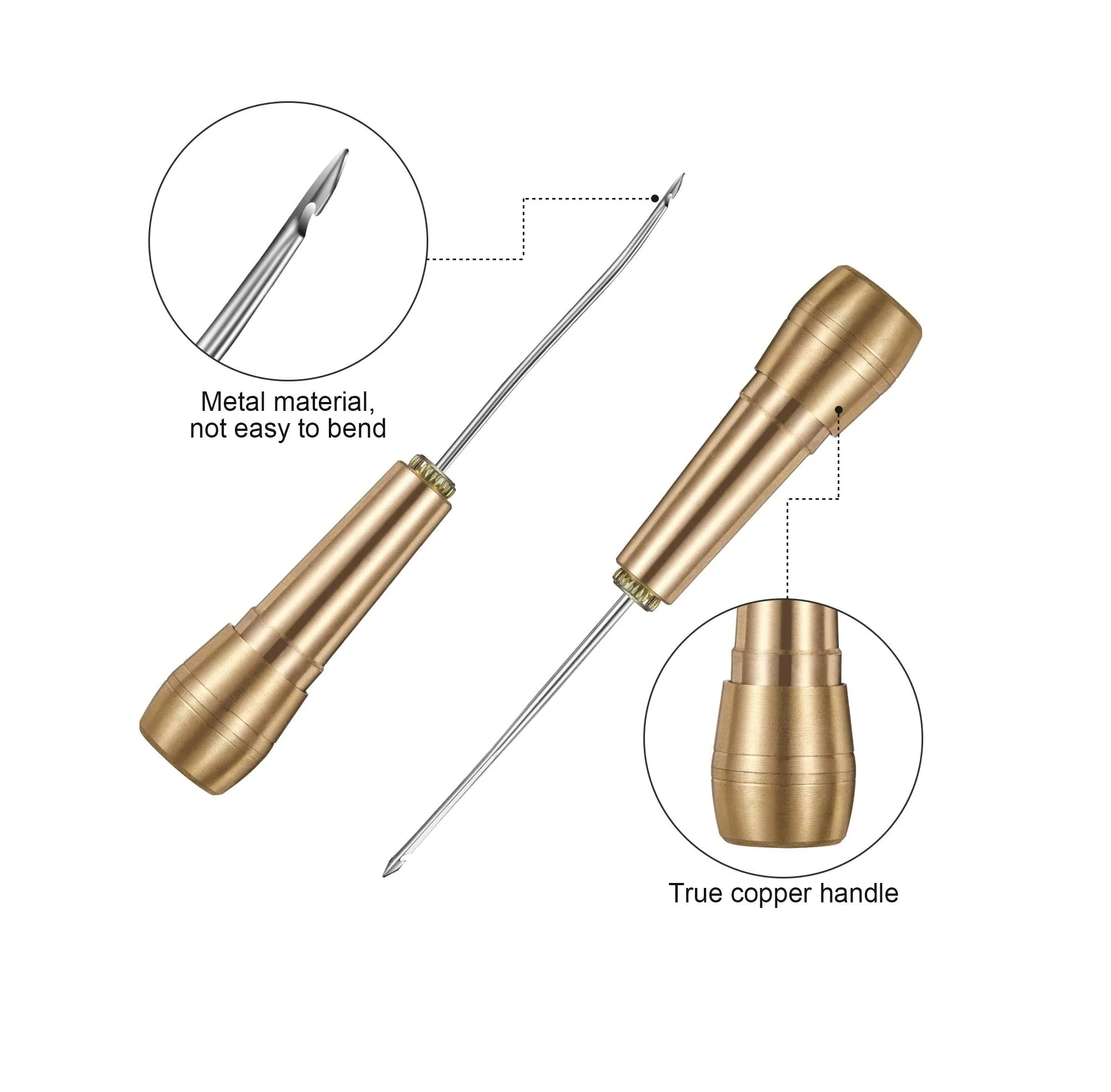 6 Pieces Canvas Leather Sewing Awl Leather Sewing Needle Awl Hand Stitch with 2 Pieces Copper Handle for Handmade Leather Sewing Tools Shoe and Leather Repair