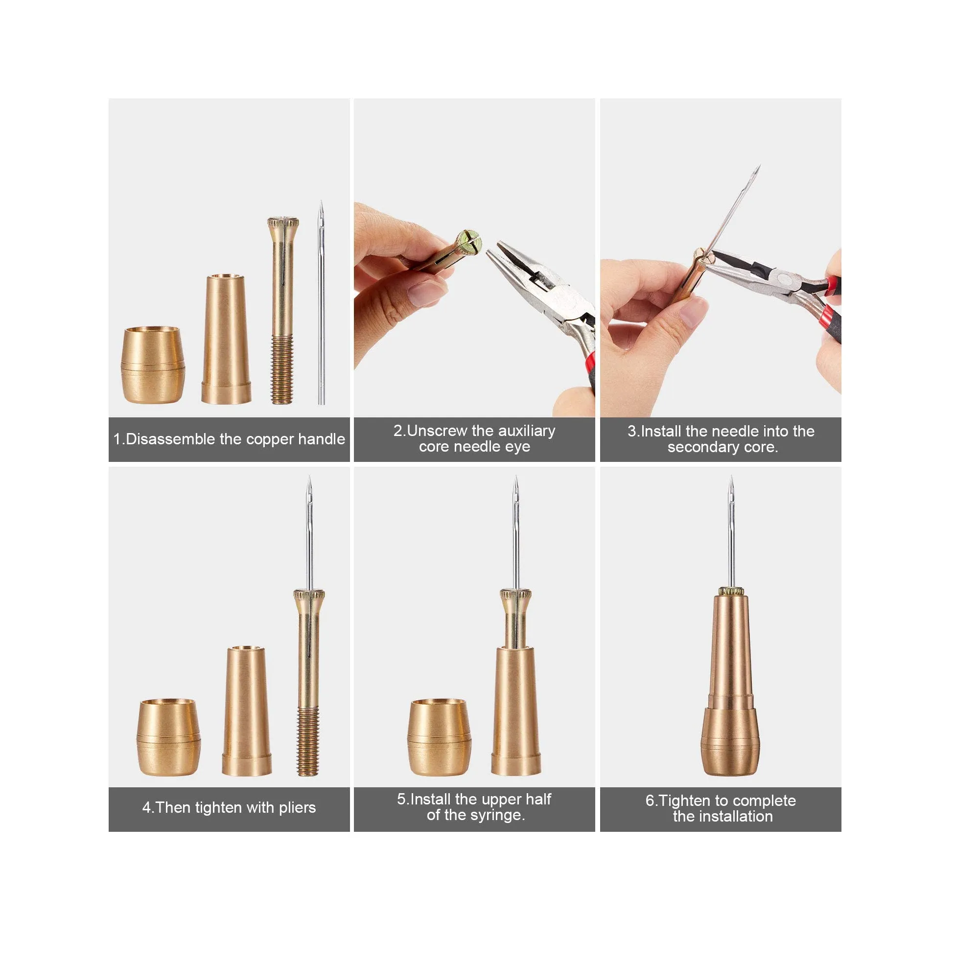 6 Pieces Canvas Leather Sewing Awl Leather Sewing Needle Awl Hand Stitch with 2 Pieces Copper Handle for Handmade Leather Sewing Tools Shoe and Leather Repair