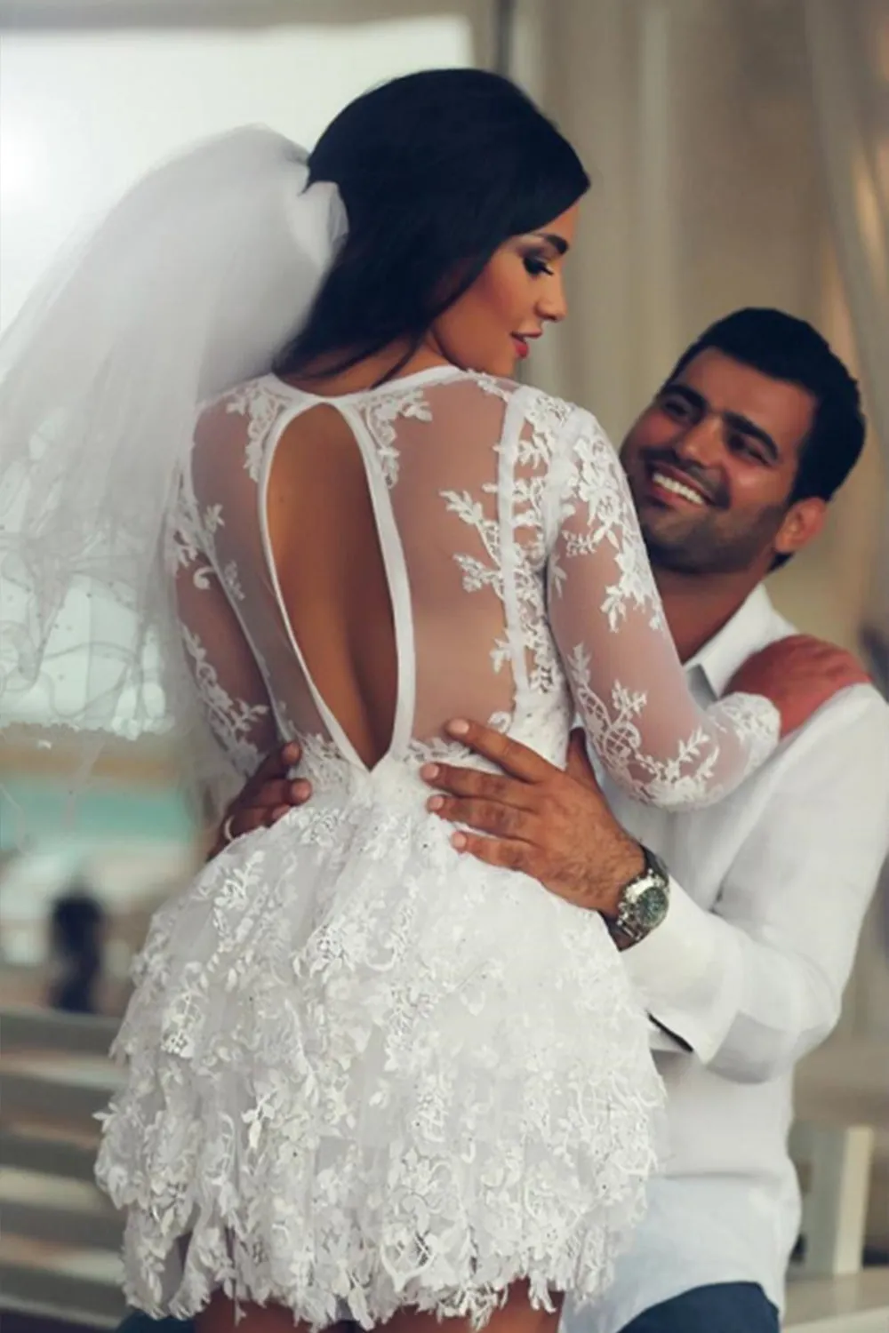 A-Line Scoop Lace Applique Long Sleeves Short-Mini Wedding Dresses