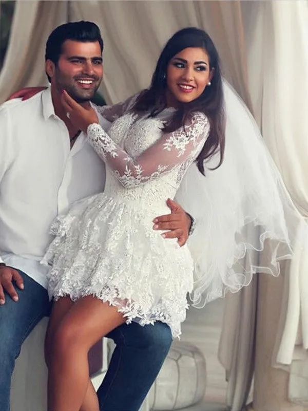 A-Line Scoop Lace Applique Long Sleeves Short-Mini Wedding Dresses
