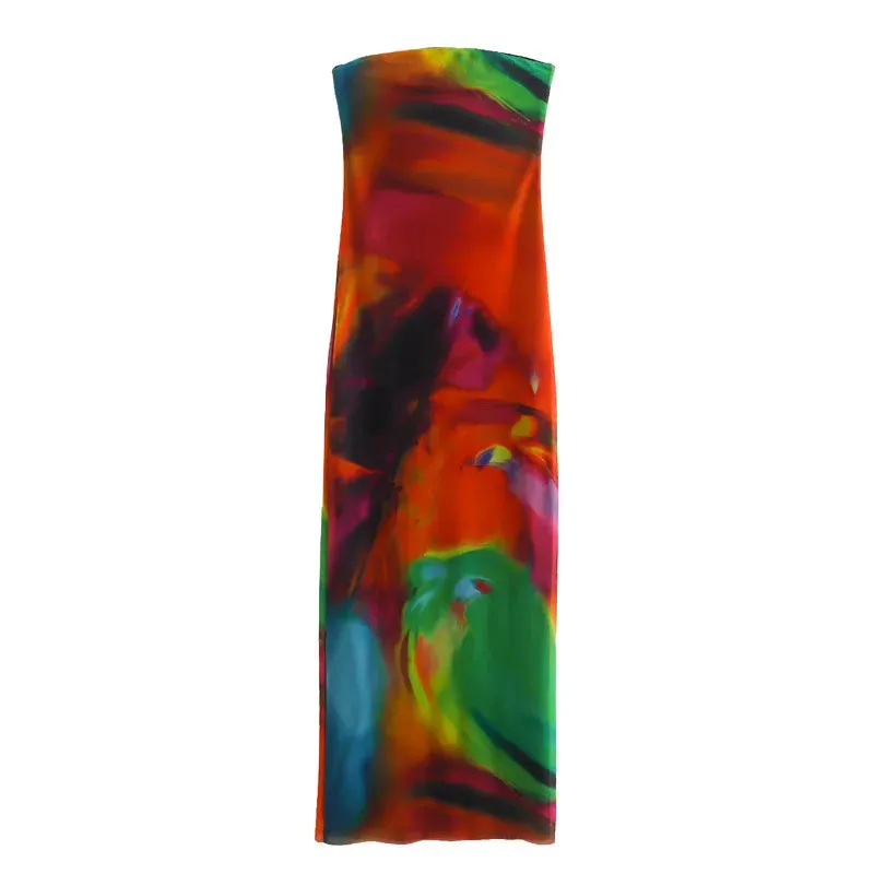 Alluring Sexy Strapless Summer Fashion Printed Mesh Sleeveless Maxi Dress