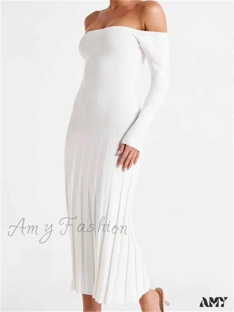 Amy Fashion - Elegant Women Slash Neck Off-Shoulder  Solid  Sleeve Backless Party Pleated Slim  Vestidos