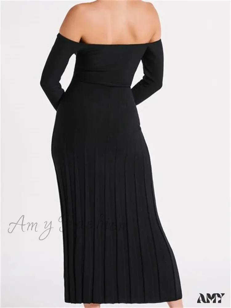 Amy Fashion - Elegant Women Slash Neck Off-Shoulder  Solid  Sleeve Backless Party Pleated Slim  Vestidos