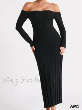 Amy Fashion - Elegant Women Slash Neck Off-Shoulder  Solid  Sleeve Backless Party Pleated Slim  Vestidos