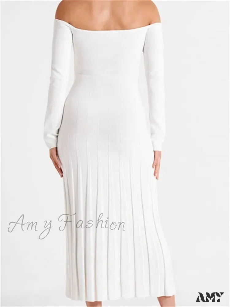 Amy Fashion - Elegant Women Slash Neck Off-Shoulder  Solid  Sleeve Backless Party Pleated Slim  Vestidos