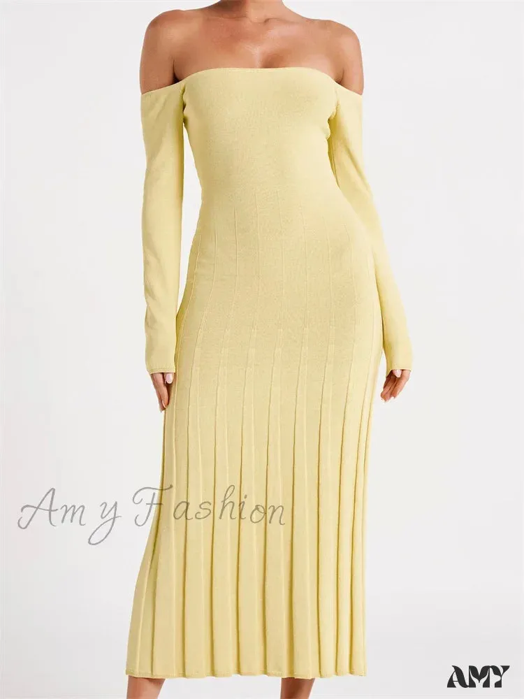 Amy Fashion - Elegant Women Slash Neck Off-Shoulder  Solid  Sleeve Backless Party Pleated Slim  Vestidos