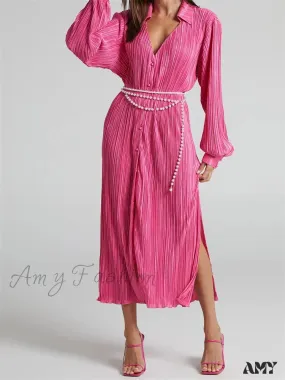 Amy Fashion - Women Buttons Down Shirt  Sleeve Deep V Neck Solid Ruched  Side Split Party Female Vestidos