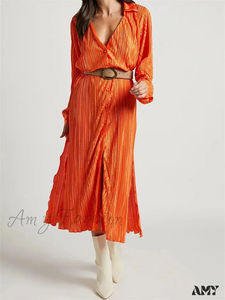 Amy Fashion - Women Buttons Down Shirt  Sleeve Deep V Neck Solid Ruched  Side Split Party Female Vestidos