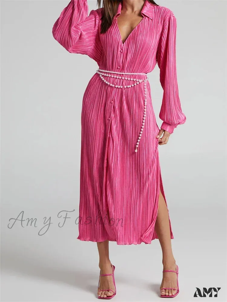 Amy Fashion - Women Buttons Down Shirt  Sleeve Deep V Neck Solid Ruched  Side Split Party Female Vestidos
