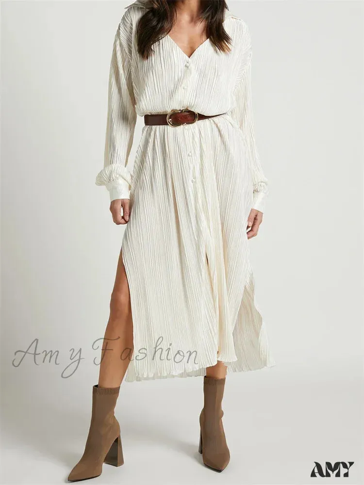 Amy Fashion - Women Buttons Down Shirt  Sleeve Deep V Neck Solid Ruched  Side Split Party Female Vestidos