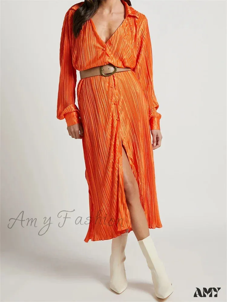 Amy Fashion - Women Buttons Down Shirt  Sleeve Deep V Neck Solid Ruched  Side Split Party Female Vestidos