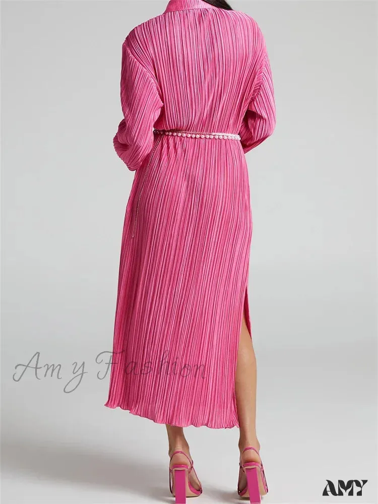 Amy Fashion - Women Buttons Down Shirt  Sleeve Deep V Neck Solid Ruched  Side Split Party Female Vestidos