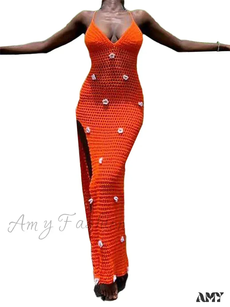 Amy Fashion - Women Crochet Knitted  Sleeveless Spaghetti Strap High Split Summer Beach 3D Flower Patchwork Vestido