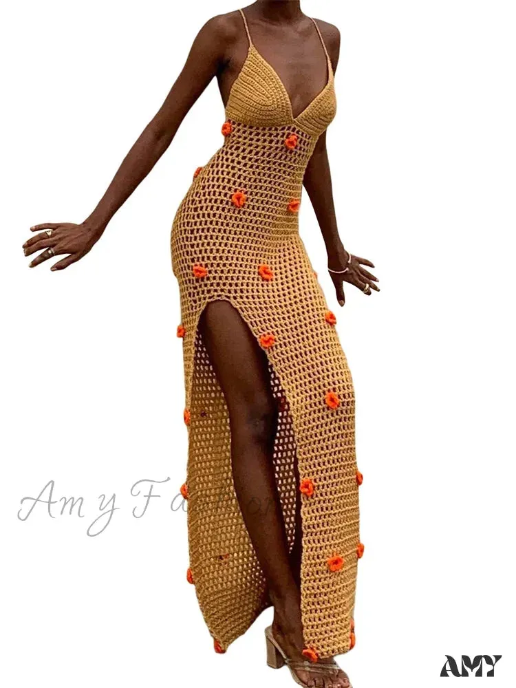 Amy Fashion - Women Crochet Knitted  Sleeveless Spaghetti Strap High Split Summer Beach 3D Flower Patchwork Vestido