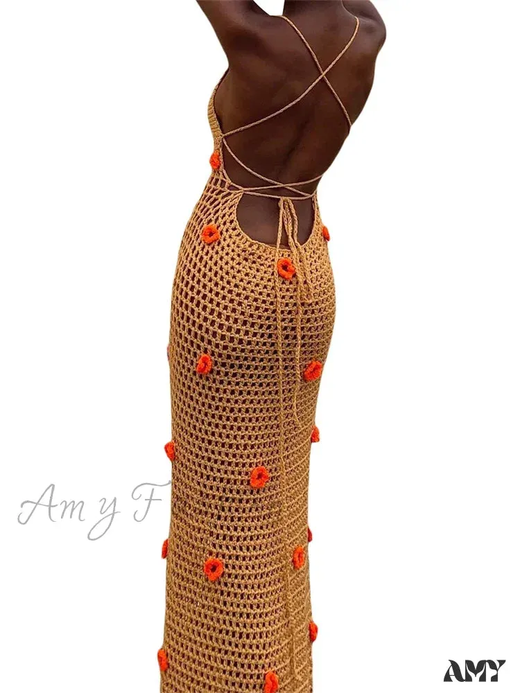 Amy Fashion - Women Crochet Knitted  Sleeveless Spaghetti Strap High Split Summer Beach 3D Flower Patchwork Vestido