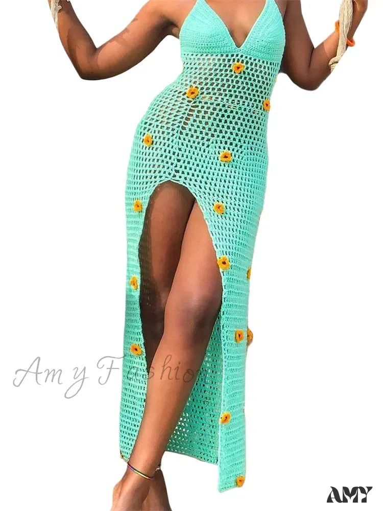 Amy Fashion - Women Crochet Knitted  Sleeveless Spaghetti Strap High Split Summer Beach 3D Flower Patchwork Vestido