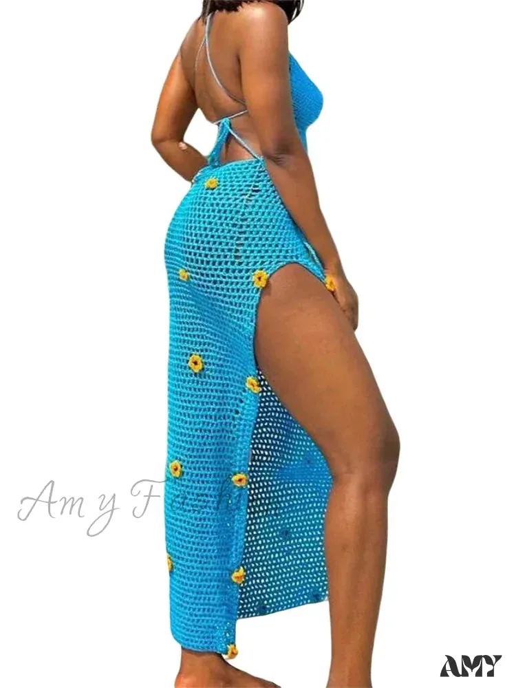 Amy Fashion - Women Crochet Knitted  Sleeveless Spaghetti Strap High Split Summer Beach 3D Flower Patchwork Vestido