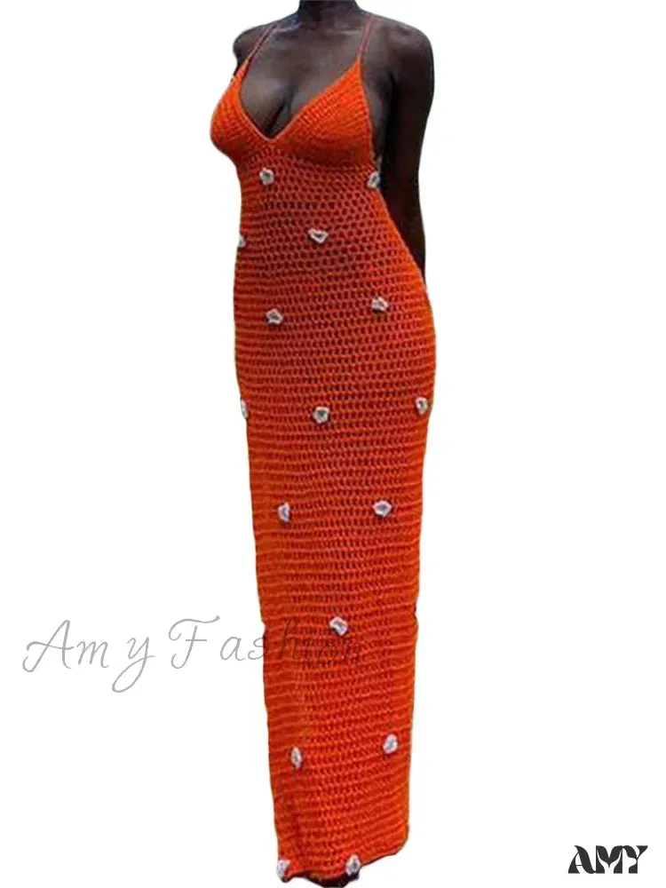 Amy Fashion - Women Crochet Knitted  Sleeveless Spaghetti Strap High Split Summer Beach 3D Flower Patchwork Vestido
