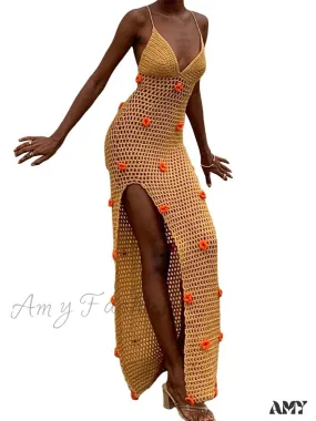 Amy Fashion - Women Crochet Knitted  Sleeveless Spaghetti Strap High Split Summer Beach 3D Flower Patchwork Vestido