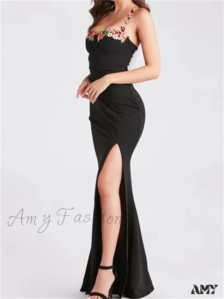 Amy Fashion - Women Slim Sling High Split  Flower Embroidery Sleeveless Spaghetti Strap Summer Party Club Vestidos