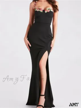 Amy Fashion - Women Slim Sling High Split  Flower Embroidery Sleeveless Spaghetti Strap Summer Party Club Vestidos