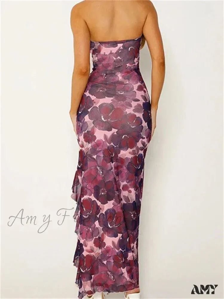 Amy Fashion - Women Tube  Strapless Backless Flower Print High Split  Summer Ruffles Cocktail Female Vestidos