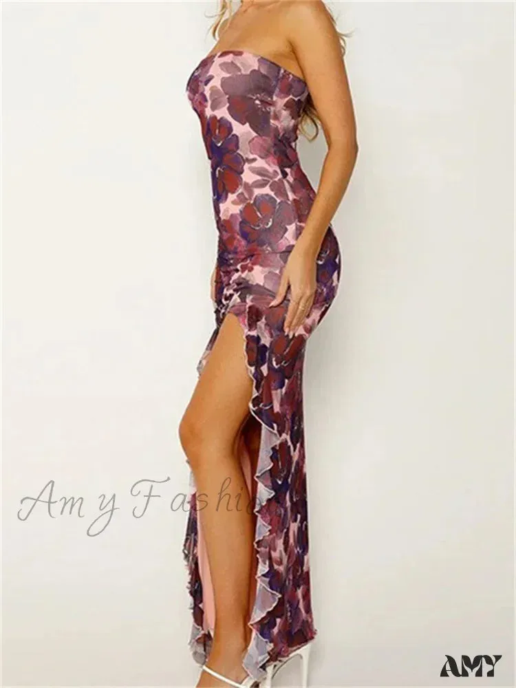 Amy Fashion - Women Tube  Strapless Backless Flower Print High Split  Summer Ruffles Cocktail Female Vestidos