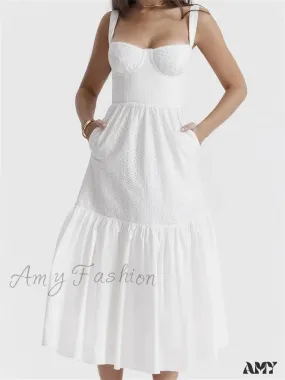 Amy Fashion - Y2K Square Neck Lace  for Women Low Cut Sleeveless Spaghetti Strap White Summer Female Vestidos