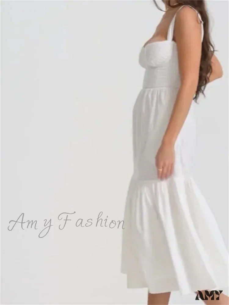 Amy Fashion - Y2K Square Neck Lace  for Women Low Cut Sleeveless Spaghetti Strap White Summer Female Vestidos