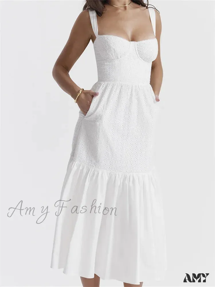 Amy Fashion - Y2K Square Neck Lace  for Women Low Cut Sleeveless Spaghetti Strap White Summer Female Vestidos