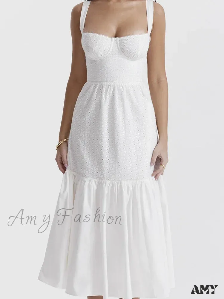Amy Fashion - Y2K Square Neck Lace  for Women Low Cut Sleeveless Spaghetti Strap White Summer Female Vestidos