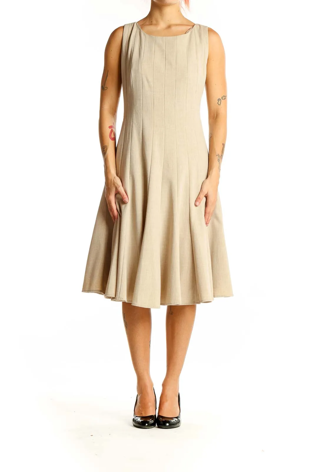 Beige Pleated Sleeveless A-Line Dress