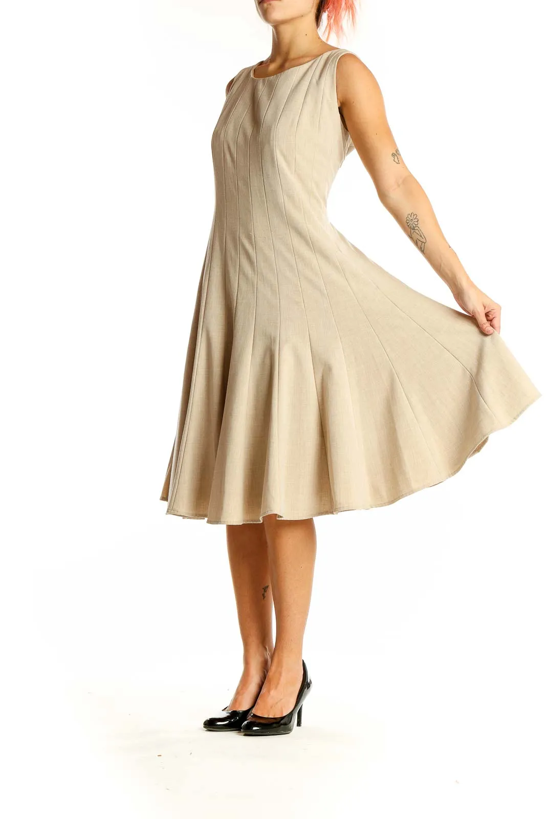 Beige Pleated Sleeveless A-Line Dress