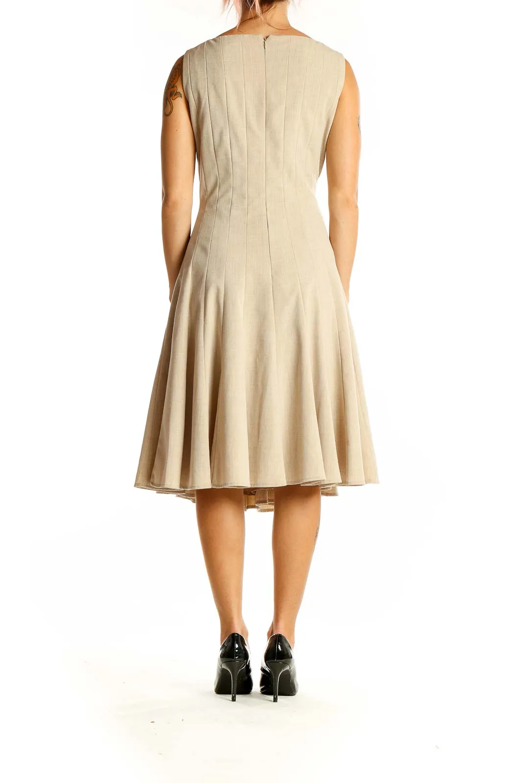 Beige Pleated Sleeveless A-Line Dress