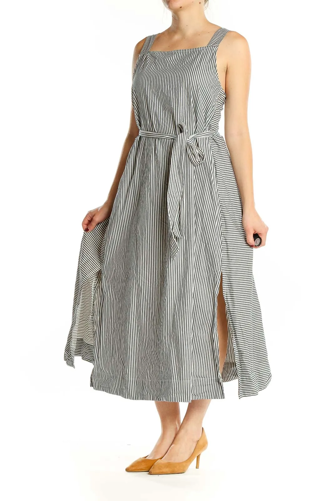 Black and White Striped Cotton Midi Dress