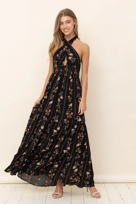 Black Floral Maxi Dress With Ruffle Details