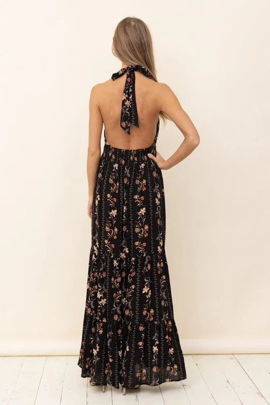 Black Floral Maxi Dress With Ruffle Details