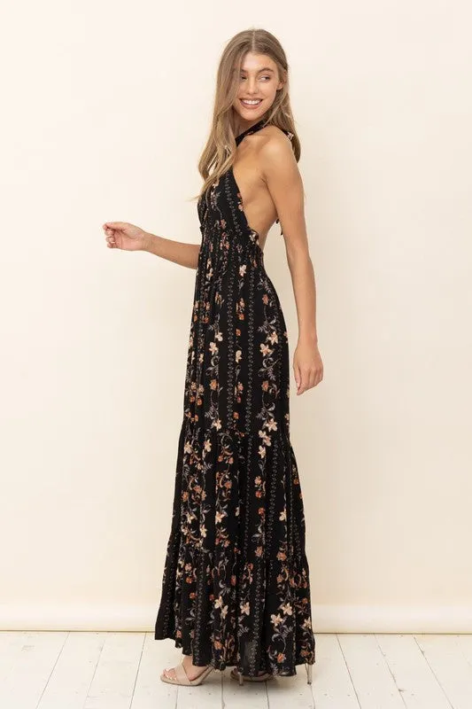 Black Floral Maxi Dress With Ruffle Details