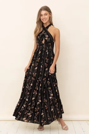 Black Floral Maxi Dress With Ruffle Details
