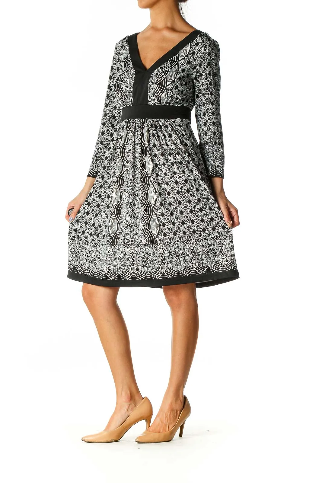Black Geometric Print Bohemian A-Line Dress