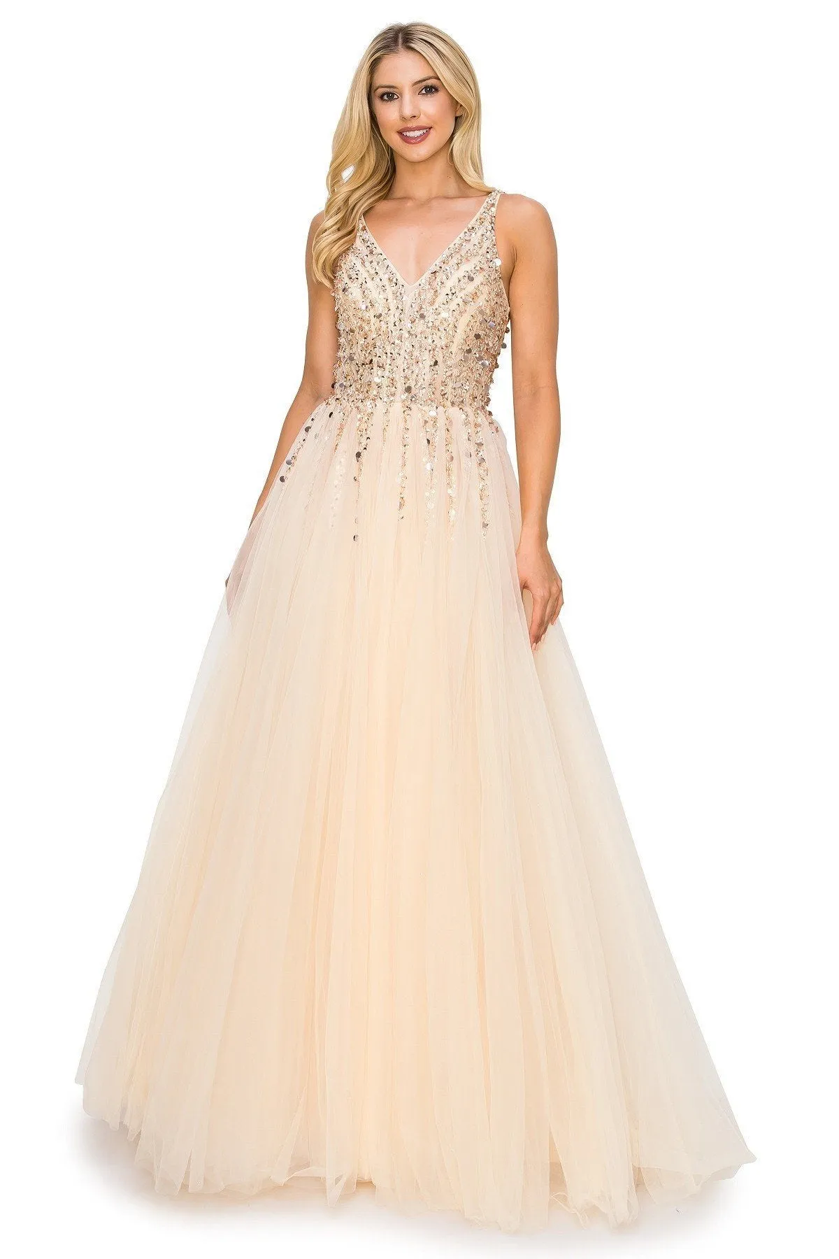 Champagne Sequins Lace Tulle A-line Gown by Cinderella Couture USA AS8034J - Special Occasion/Curves