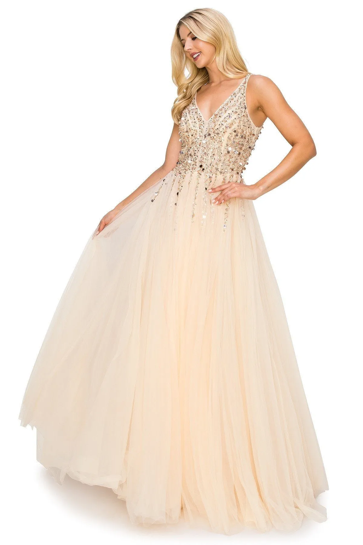 Champagne Sequins Lace Tulle A-line Gown by Cinderella Couture USA AS8034J - Special Occasion/Curves