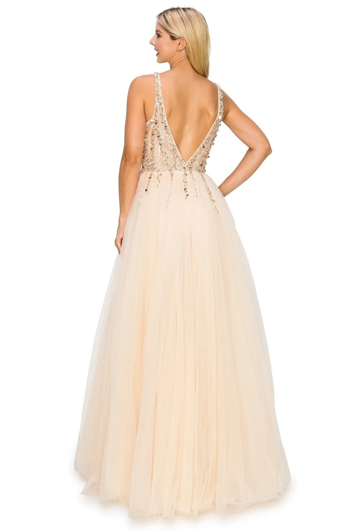 Champagne Sequins Lace Tulle A-line Gown by Cinderella Couture USA AS8034J - Special Occasion/Curves