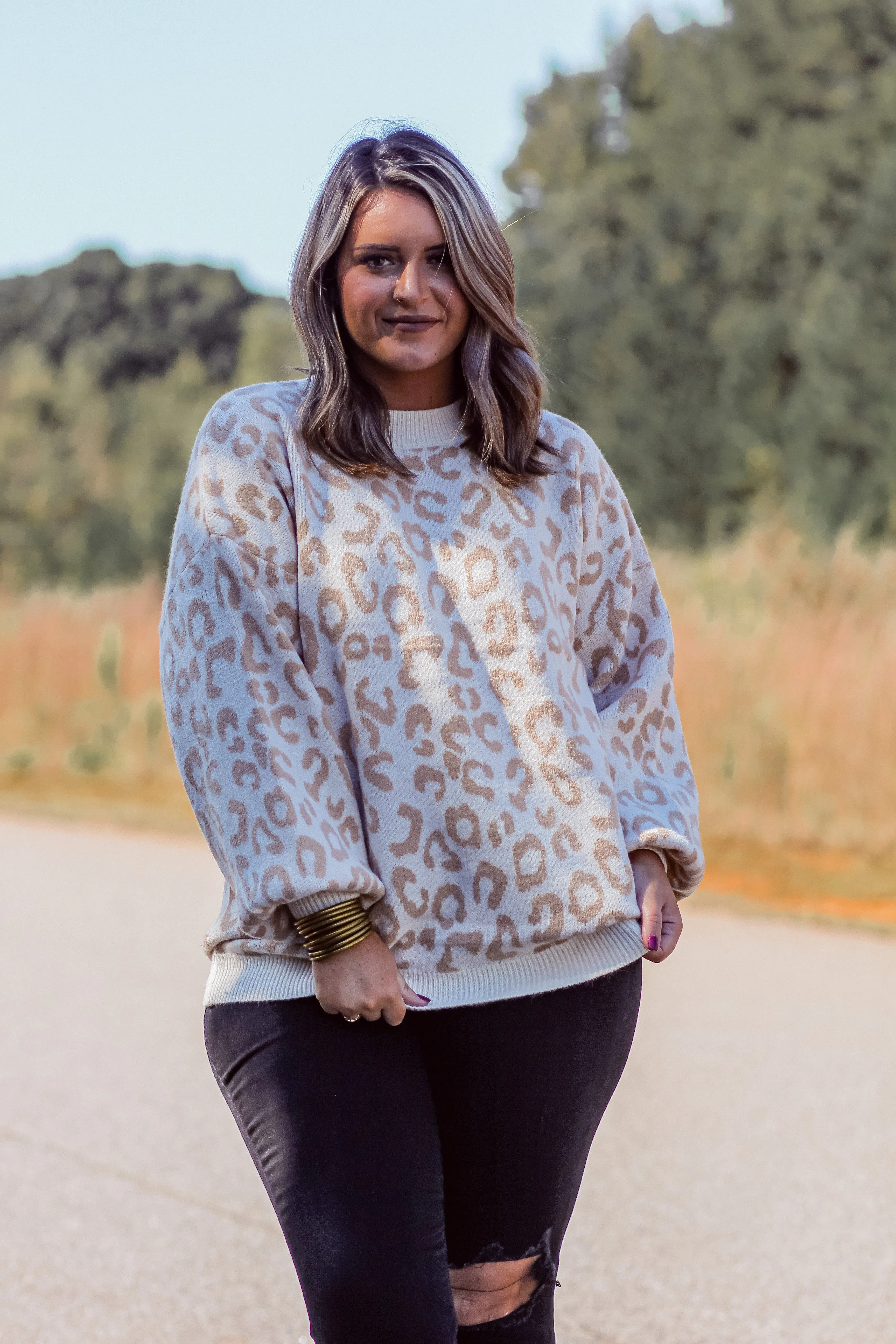 Curvy Ivory & Taupe Leopard Knit Sweater