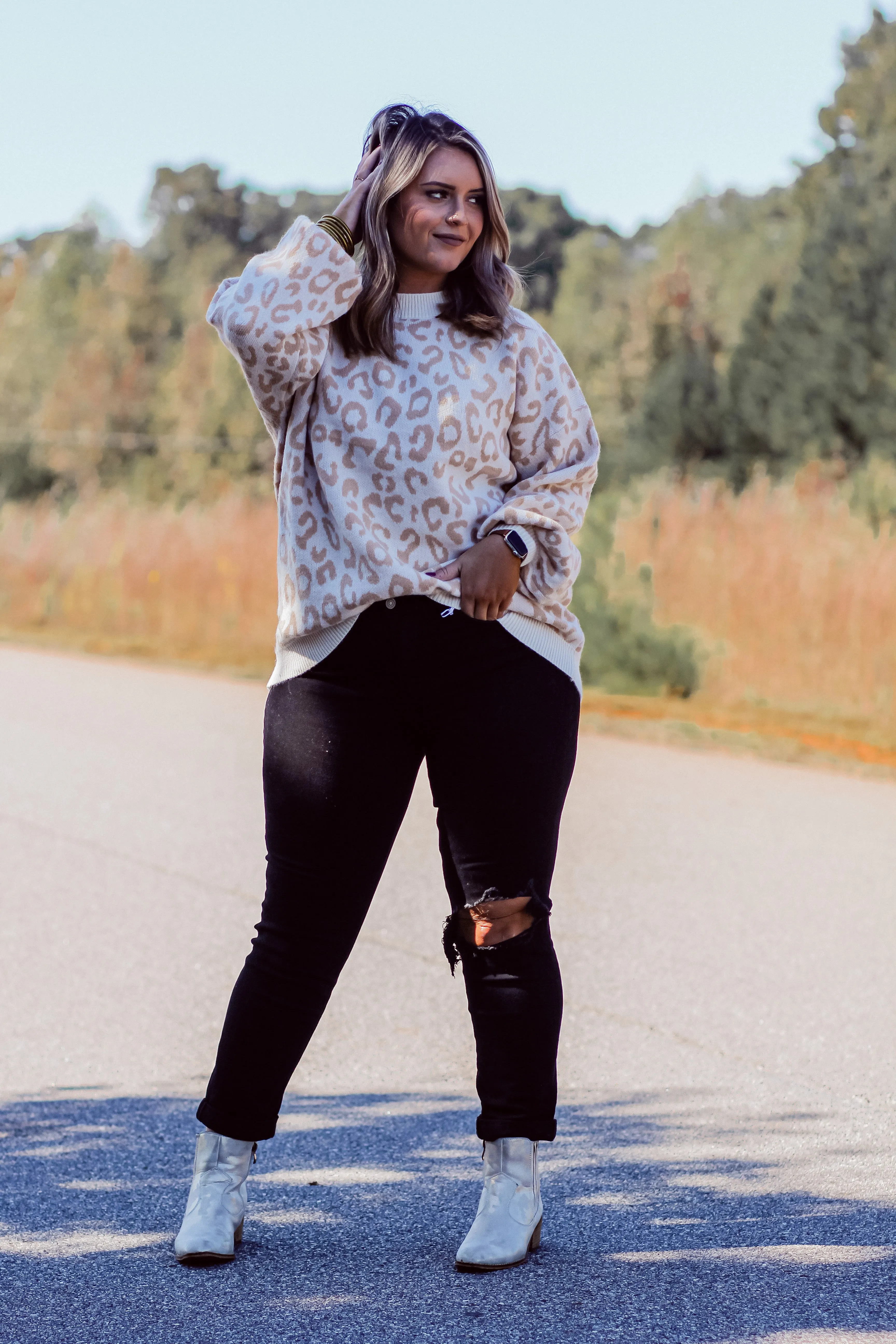 Curvy Ivory & Taupe Leopard Knit Sweater
