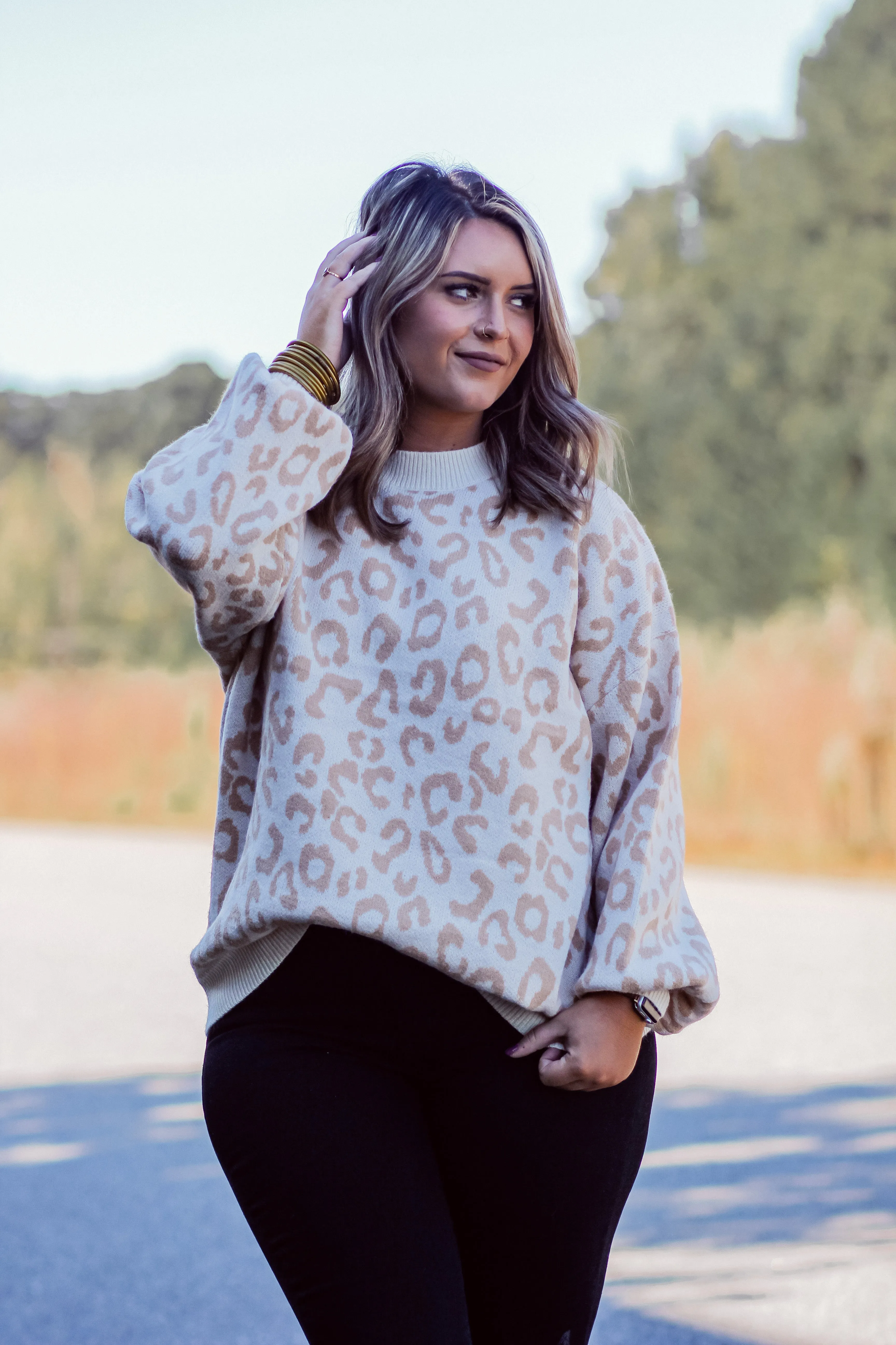 Curvy Ivory & Taupe Leopard Knit Sweater