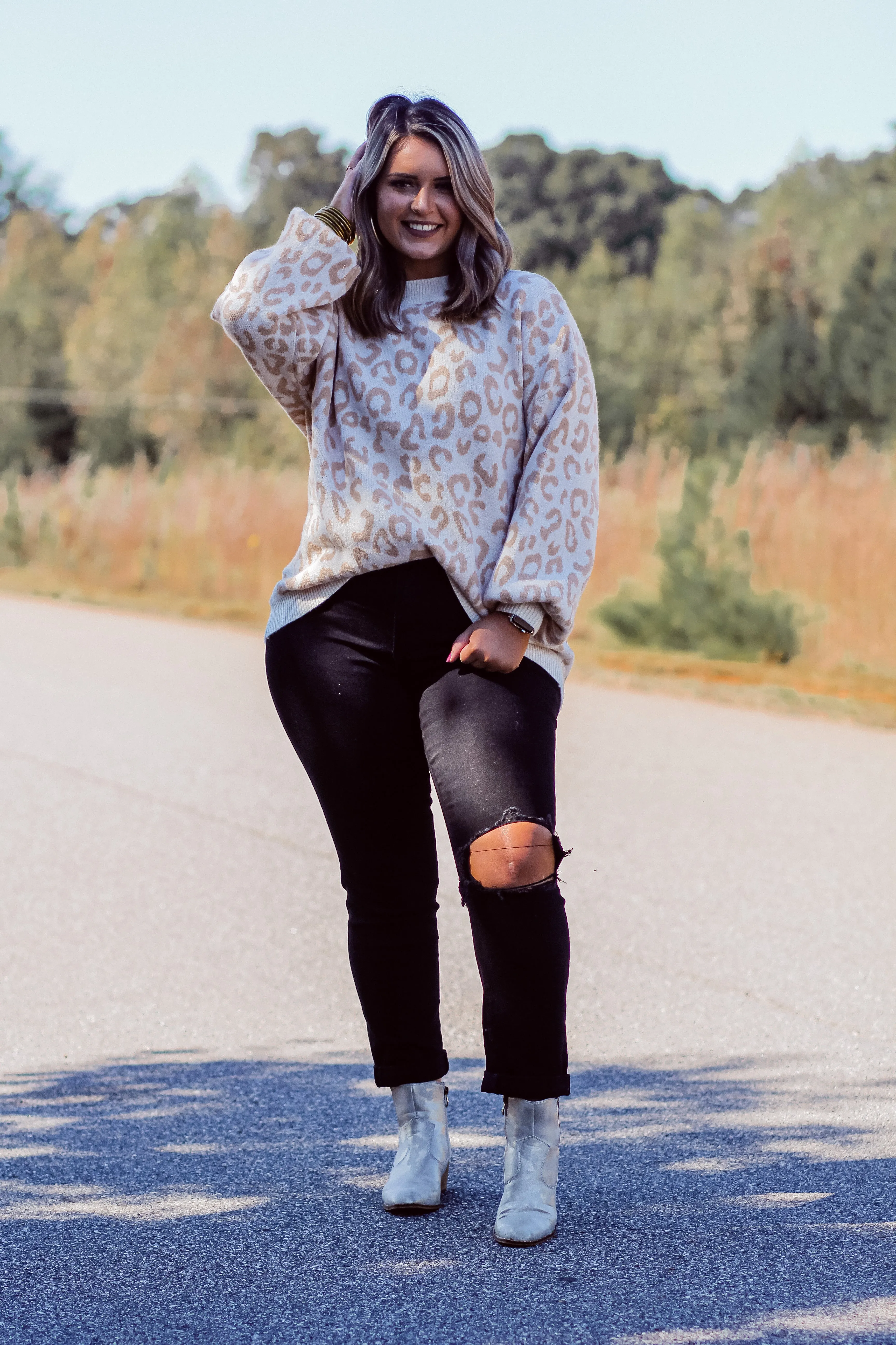 Curvy Ivory & Taupe Leopard Knit Sweater