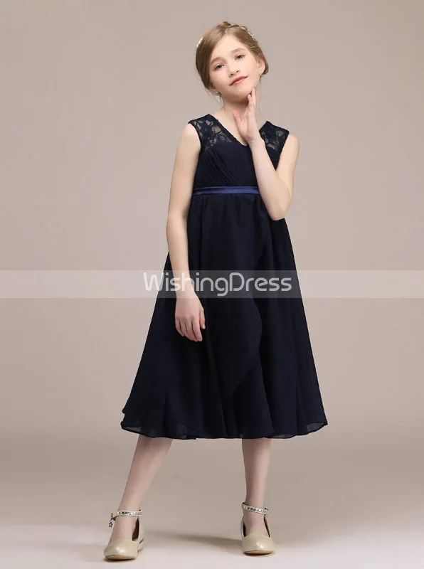 Dark Navy Junior Bridesmaid Dresses,Chiffon Tea Length Junior Bridesmaid Dress,JB00037