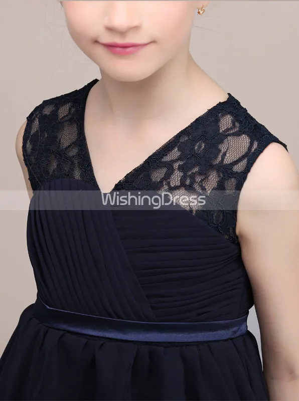 Dark Navy Junior Bridesmaid Dresses,Chiffon Tea Length Junior Bridesmaid Dress,JB00037
