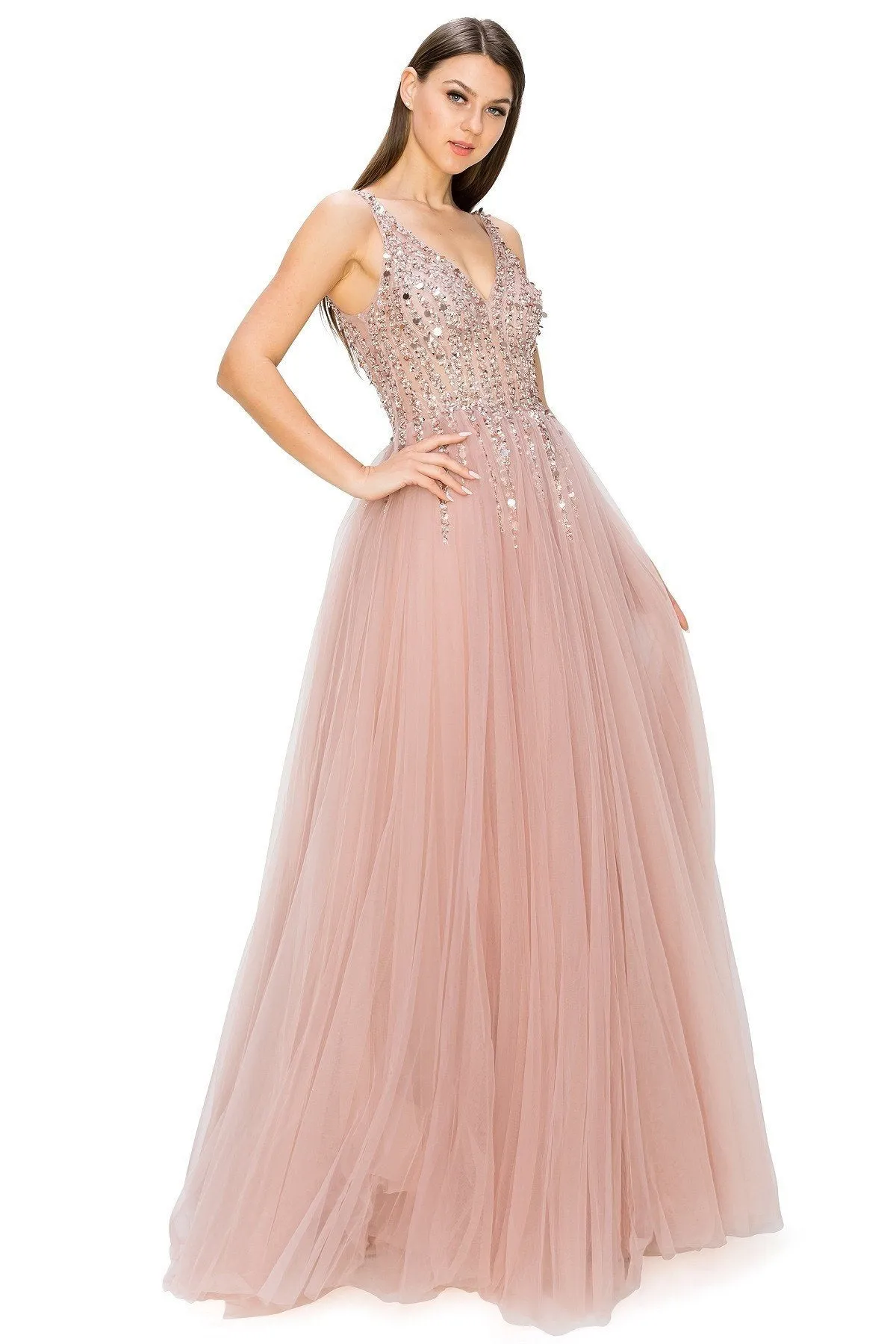 Dusty-Rose Sequins Lace Tulle A-line Gown by Cinderella Couture USA AS8034J - Special Occasion/Curves